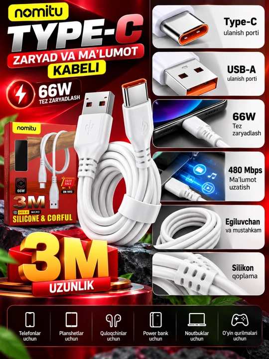 NOMITU Type-C USB Kabel 3M, 66W Tez Zaryadlash va Ma’lumot Uzatish