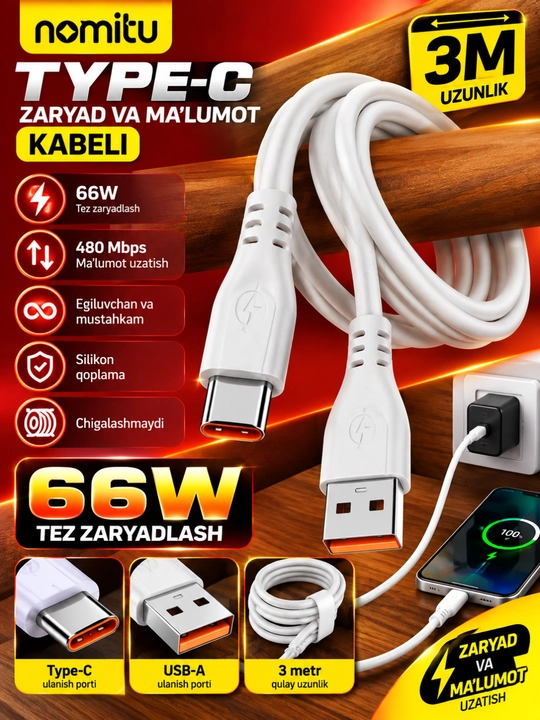 NOMITU Type-C USB Kabel 3M, 66W Tez Zaryadlash va Ma’lumot Uzatish - 