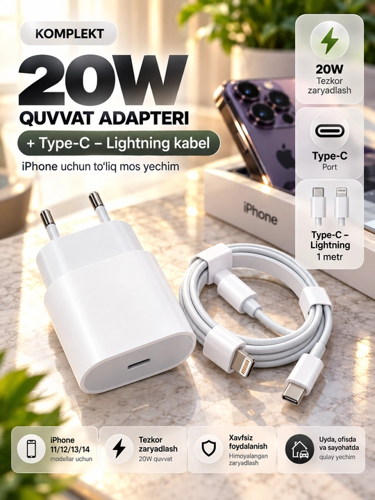 Зарядного устройства мощностью 20 Вт для iPhone X,11,12,13,14 с кабелем USB-C — Lightning - 