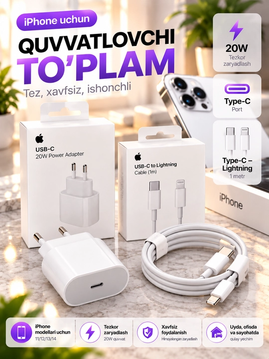Зарядного устройства мощностью 20 Вт для iPhone X,11,12,13,14 с кабелем USB-C — Lightning