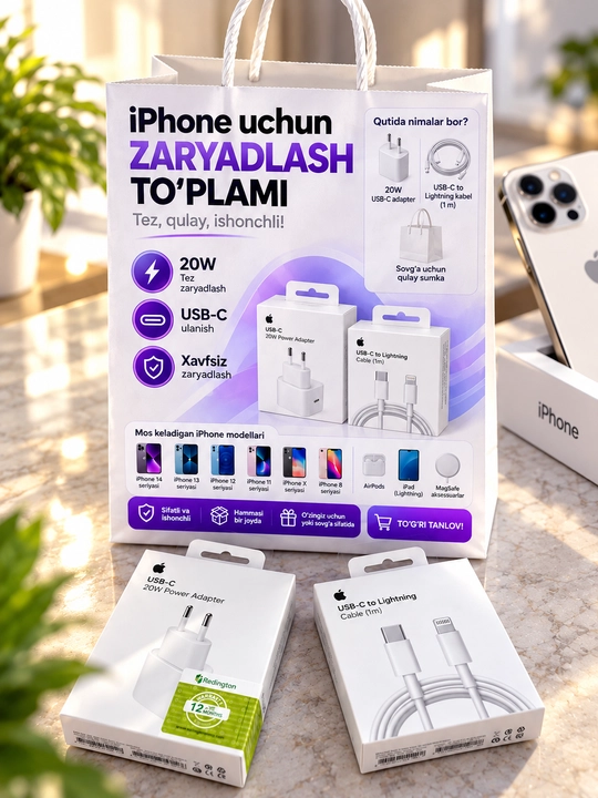 Зарядного устройства мощностью 20 Вт для iPhone X,11,12,13,14 с кабелем USB-C — Lightning