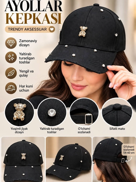 Qizlar uchun kepka, qora beysbolka, bosh kiyim, strasli, paxtadan, 56-60 sm - 