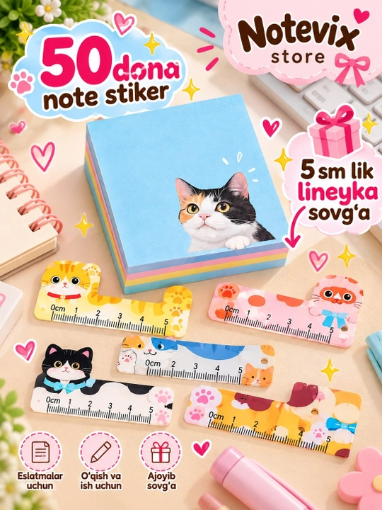 Pastel eslatma stikeri, qaydlar uchun yopishqoq qog'ozlar. 4 xil dizayn, 80 dona - 