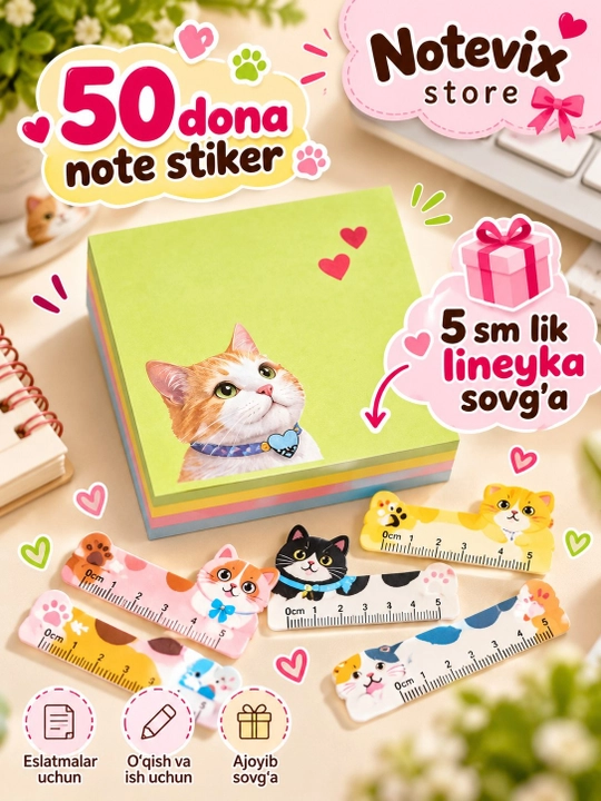 Pastel eslatma stikeri, qaydlar uchun yopishqoq qog'ozlar. 4 xil dizayn, 80 dona - 