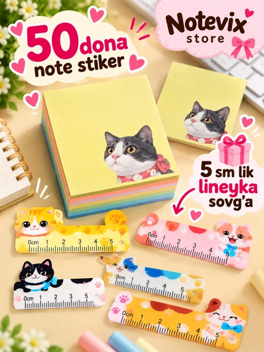 Pastel eslatma stikeri, qaydlar uchun yopishqoq qog'ozlar. 4 xil dizayn, 80 dona - 