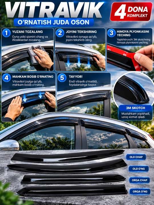 Vitravik, shamol deflektori, avtomobil vitravik, oyna deflektori, 4 dona, qora, tuning