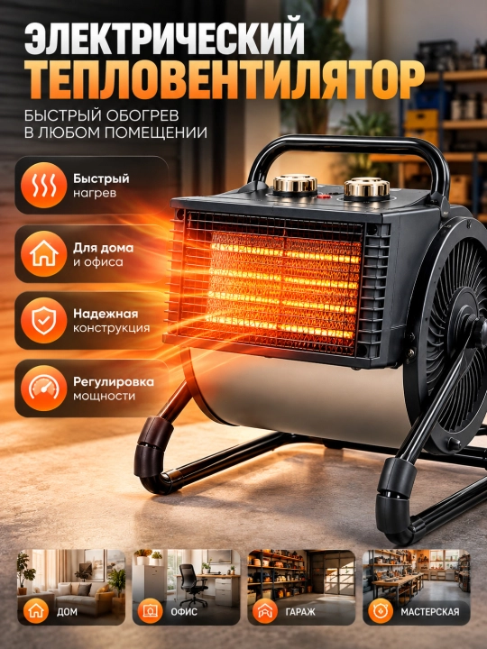 Электрический тепловентилятор 3000 Вт, 220 В, PTC керамика, 20–30 м² - 
