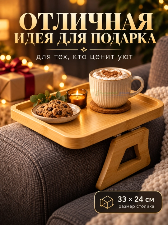 Столик на подлокотник дивана из бамбука, складной, универсальный