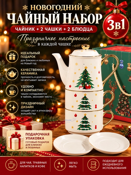 Новогодний чайный набор 3 в 1, чайник с 2 чашками и блюдцами, подарочный сервиз - 