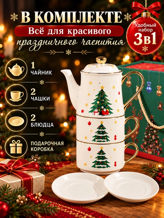 Новогодний чайный набор 3 в 1, чайник с 2 чашками и блюдцами, подарочный сервиз
