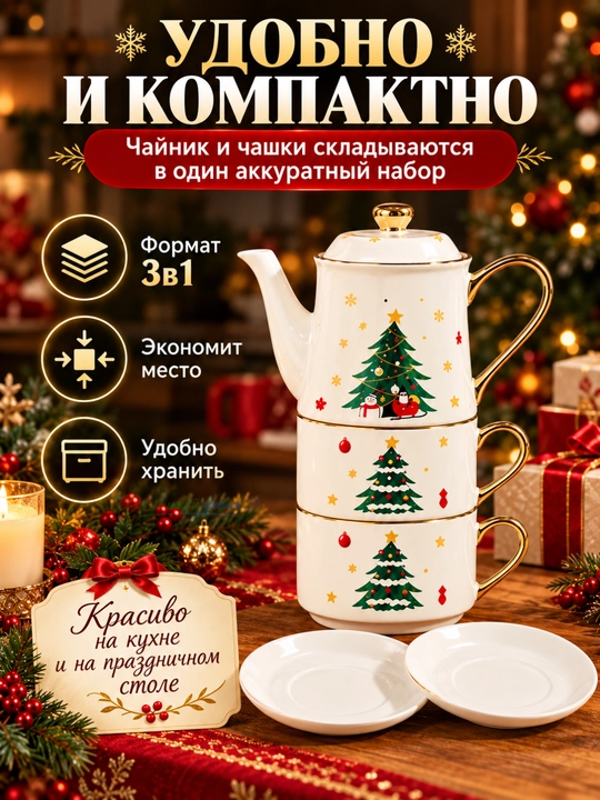 Новогодний чайный набор 3 в 1, чайник с 2 чашками и блюдцами, подарочный сервиз