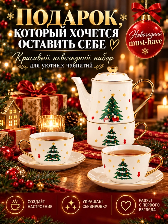 Новогодний чайный набор 3 в 1, чайник с 2 чашками и блюдцами, подарочный сервиз