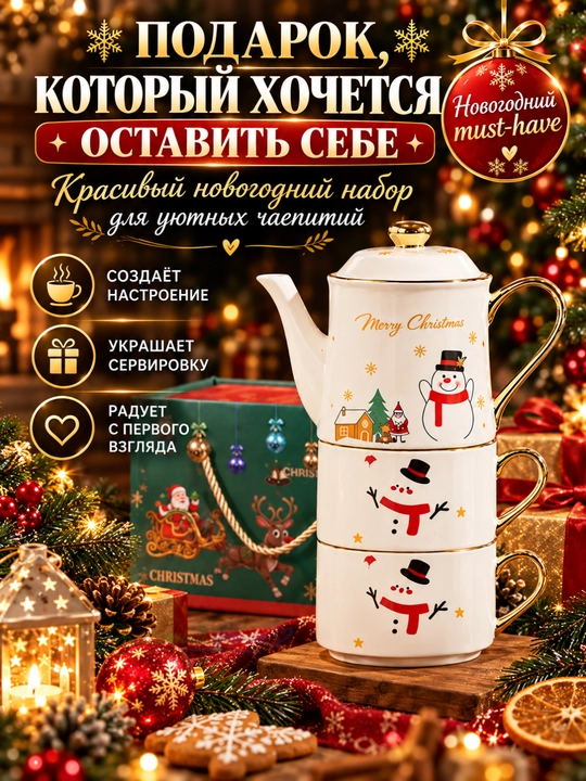 Yangi yil choy to‘plami 3 tasi 1 da, choynak, 2 ta finjon va likopcha, sovg‘alik