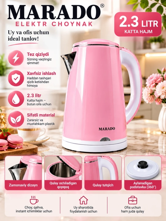 MARADO MA-2323 elektr choynak 2,3 l 1500 W, avtomatik o‘chish, 360° taglik - 