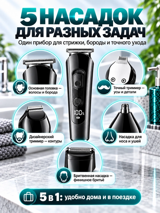 Soch olish mashinkasi VGR V-175 5 in 1, soqol, burun va quloq uchun trimmer