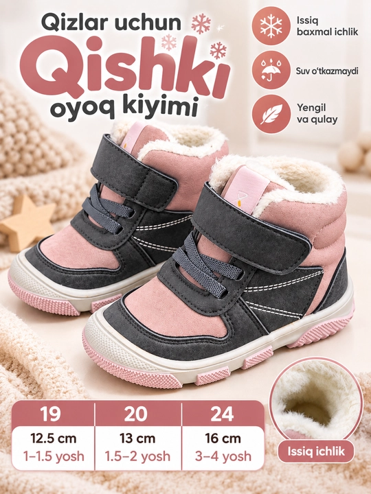 Qizlar uchun qishki krossovkalar, issiq bolalar oyoq kiyimi, 19–24 o‘lcham - 