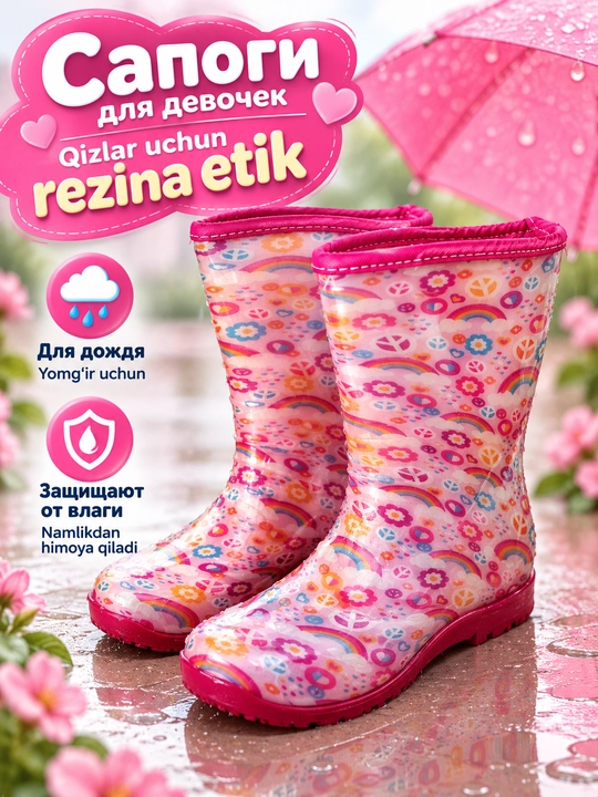 Qizlar uchun bolalar rezina etiklari, yomg‘irga chidamli etiklar - 