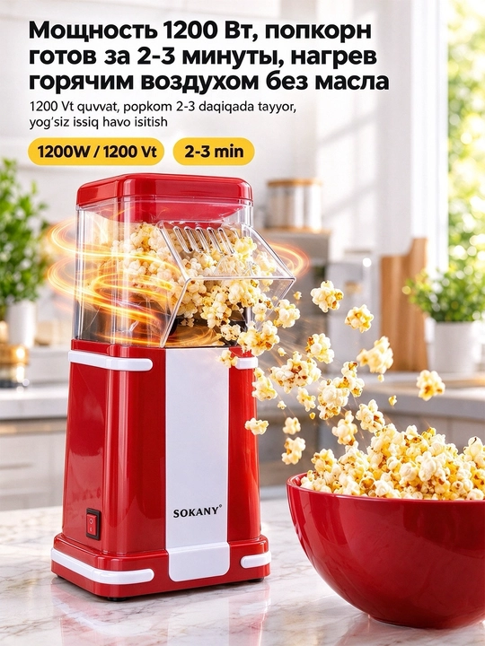 Машина для попкорна SOKANY SK-291,1200 Вт, без масла, быстрая готовка