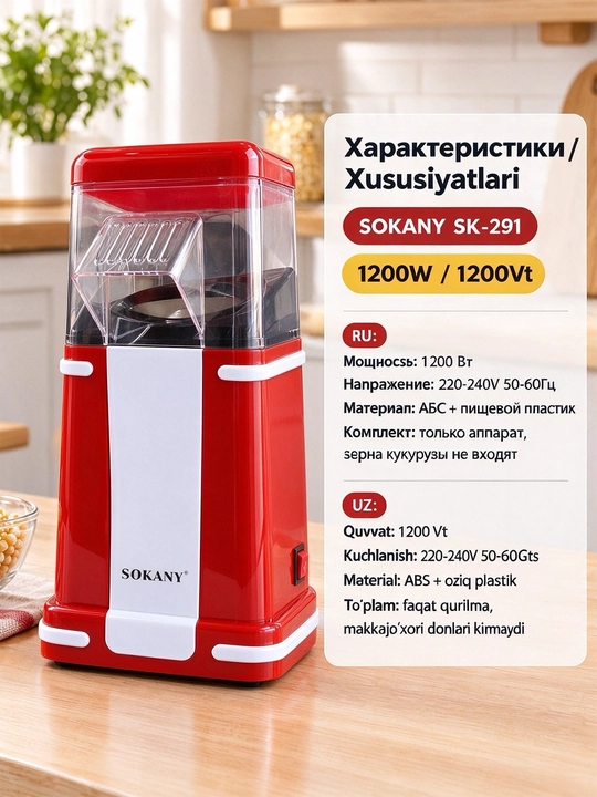 Машина для попкорна SOKANY SK-291,1200 Вт, без масла, быстрая готовка