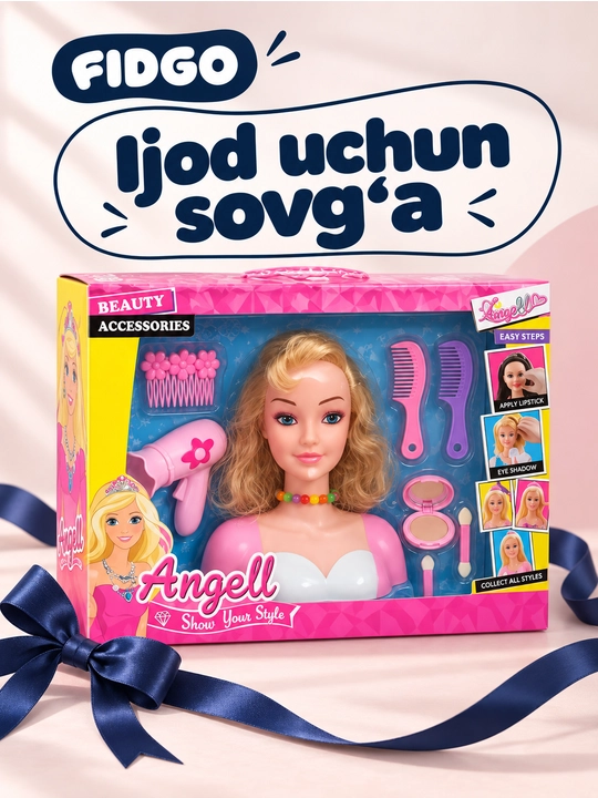 FIDGO soch turmagi va pardoz-andoz qo‘g‘irchog‘i, bolalar kosmetikasi va stilist to‘plami