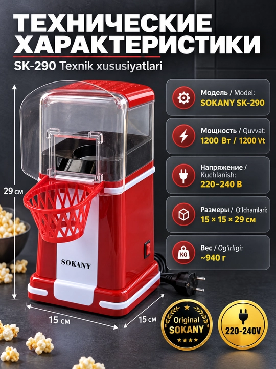 SOKANY SK-290 popkorn ishlab chiqaruvchi 1200W, havo texnologiyasi, yog'siz