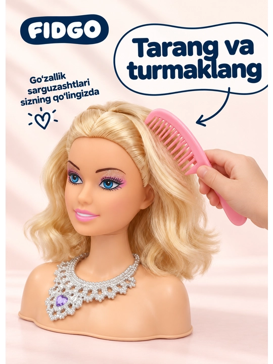 FIDGO soch turmagi va pardoz-andoz qo‘g‘irchog‘i, bolalar kosmetikasi va stilist to‘plami