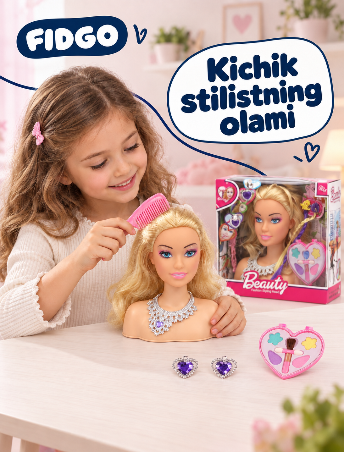 FIDGO soch turmagi va pardoz-andoz qo‘g‘irchog‘i, bolalar kosmetikasi va stilist to‘plami