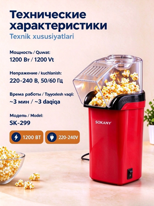 Popkorn ishlab chiqaruvchi SOKANY SK-299, 1200 Vt, yog'siz, uy popkorn mashinasi