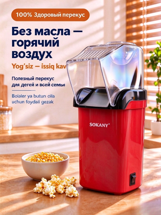 Popkorn ishlab chiqaruvchi SOKANY SK-299, 1200 Vt, yog'siz, uy popkorn mashinasi