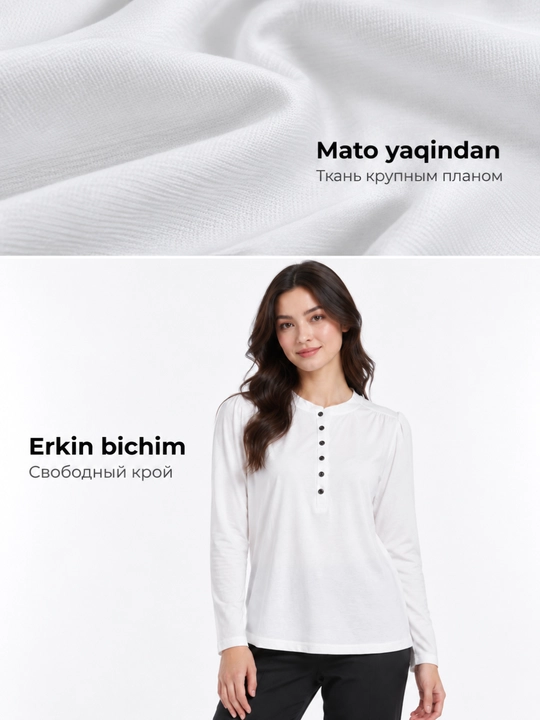 Ayollar koftasi, uzun yengli tugmali longsliv, erkin bichim, oq, jigarrang, qora