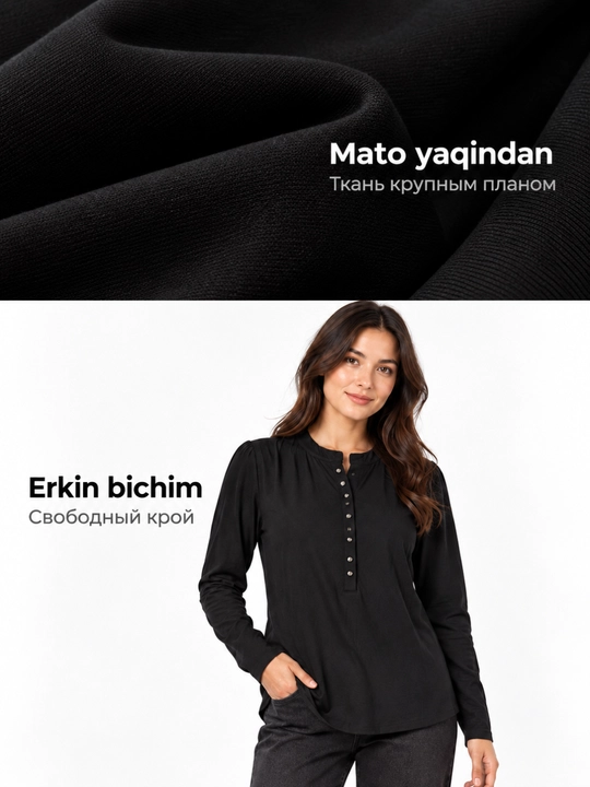 Ayollar koftasi, uzun yengli tugmali longsliv, erkin bichim, oq, jigarrang, qora