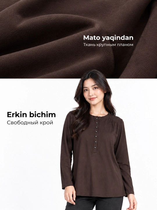 Ayollar koftasi, uzun yengli tugmali longsliv, erkin bichim, oq, jigarrang, qora