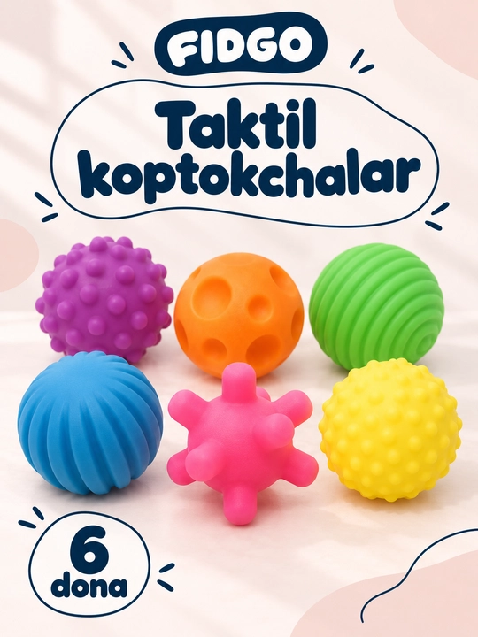 FIDGO bolalar taktil koptokchalari to'plami, massaj va tish chiqishi uchun, 6 dona - 