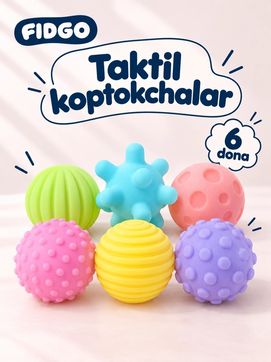 FIDGO bolalar taktil koptokchalari to'plami, massaj va tish chiqishi uchun, 6 dona - 