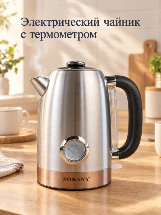 Elektr choynak SOKANY SK-1031,1,7 l, zanglamaydigan po'lat, termometr, 360° stend - 