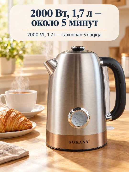 Elektr choynak SOKANY SK-1031,1,7 l, zanglamaydigan po'lat, termometr, 360° stend