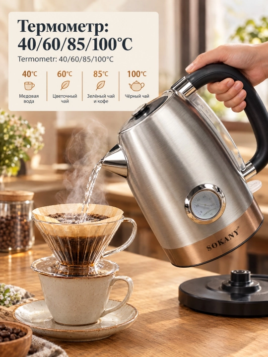 Elektr choynak SOKANY SK-1031,1,7 l, zanglamaydigan po'lat, termometr, 360° stend