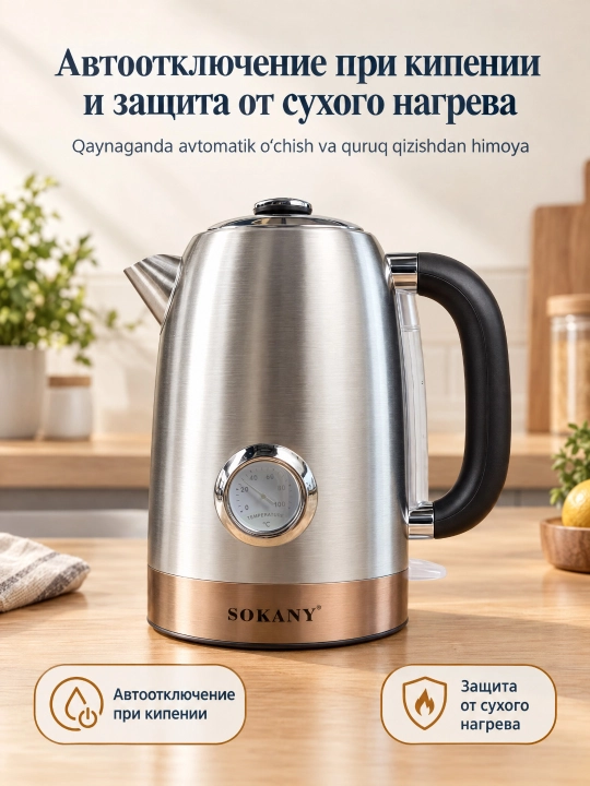 Elektr choynak SOKANY SK-1031,1,7 l, zanglamaydigan po'lat, termometr, 360° stend