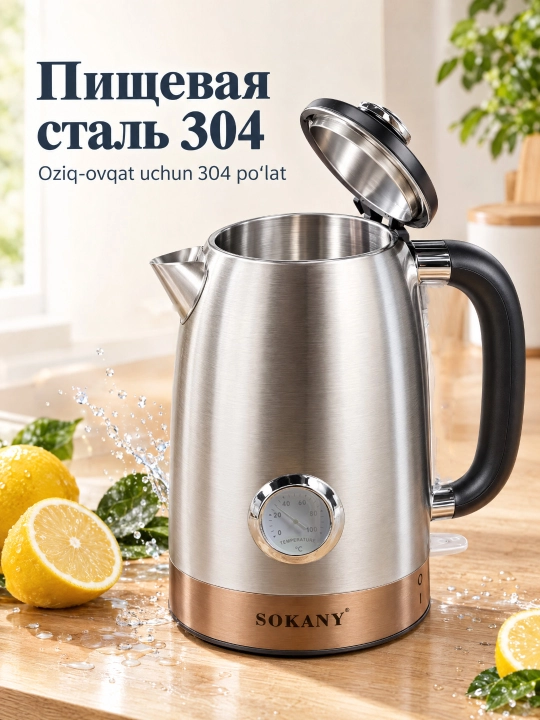 Elektr choynak SOKANY SK-1031,1,7 l, zanglamaydigan po'lat, termometr, 360° stend