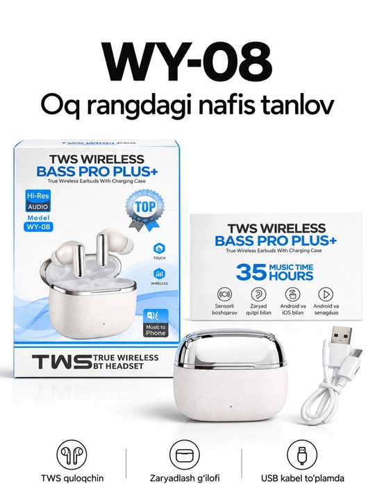 TWS simsiz quloqchin WY-08, Bluetooth, zaryad qutisi bilan, Android va iOS uchun