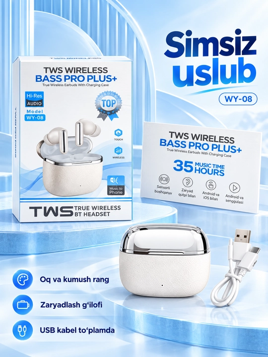 TWS simsiz quloqchin WY-08, Bluetooth, zaryad qutisi bilan, Android va iOS uchun - 