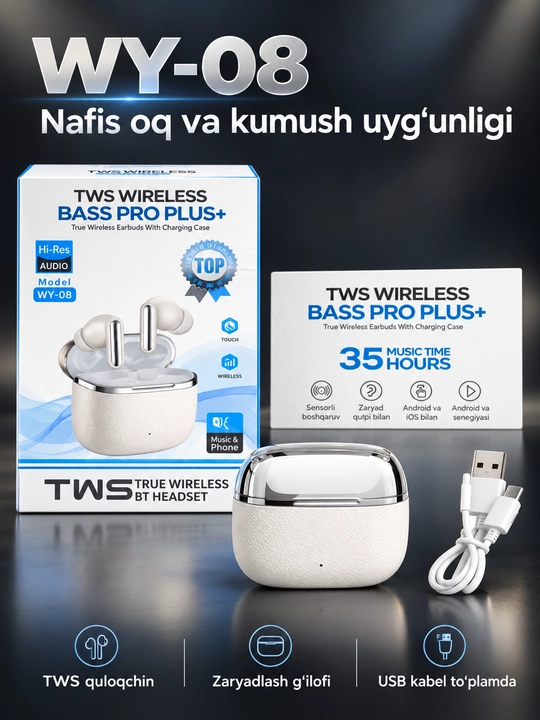 TWS simsiz quloqchin WY-08, Bluetooth, zaryad qutisi bilan, Android va iOS uchun