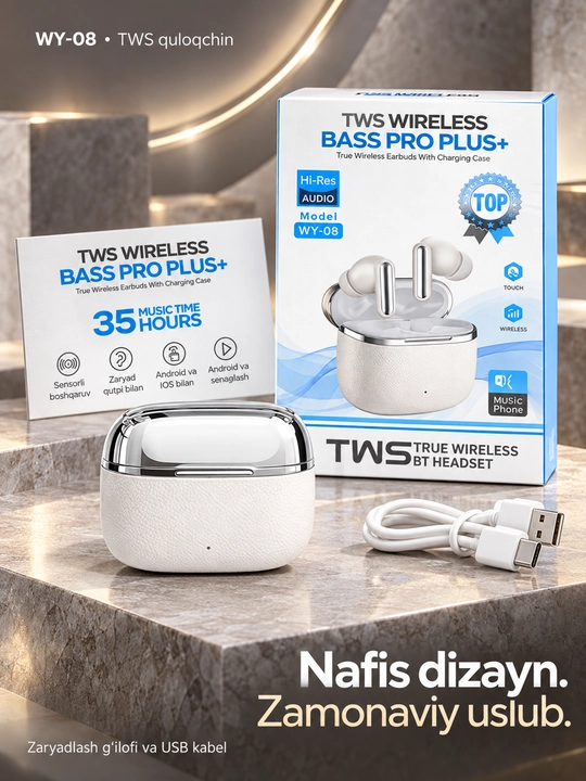 TWS simsiz quloqchin WY-08, Bluetooth, zaryad qutisi bilan, Android va iOS uchun