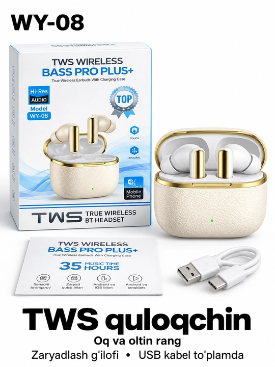 TWS simsiz quloqchin WY-08, Bluetooth, zaryad qutisi bilan, Android va iOS uchun