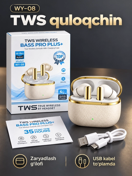 TWS simsiz quloqchin WY-08, Bluetooth, zaryad qutisi bilan, Android va iOS uchun