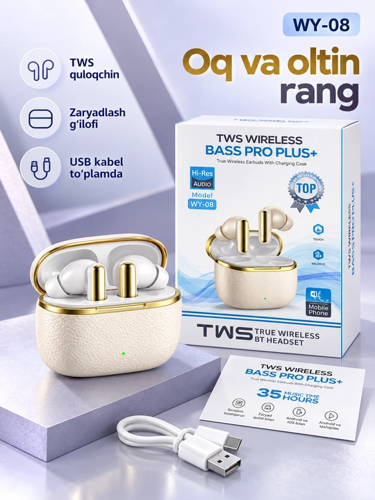 TWS simsiz quloqchin WY-08, Bluetooth, zaryad qutisi bilan, Android va iOS uchun