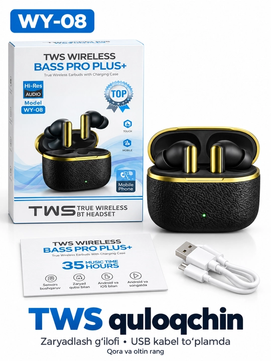 TWS simsiz quloqchin WY-08, Bluetooth, zaryad qutisi bilan, Android va iOS uchun