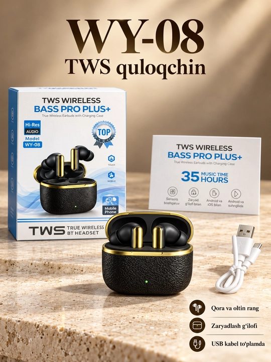 TWS simsiz quloqchin WY-08, Bluetooth, zaryad qutisi bilan, Android va iOS uchun - 