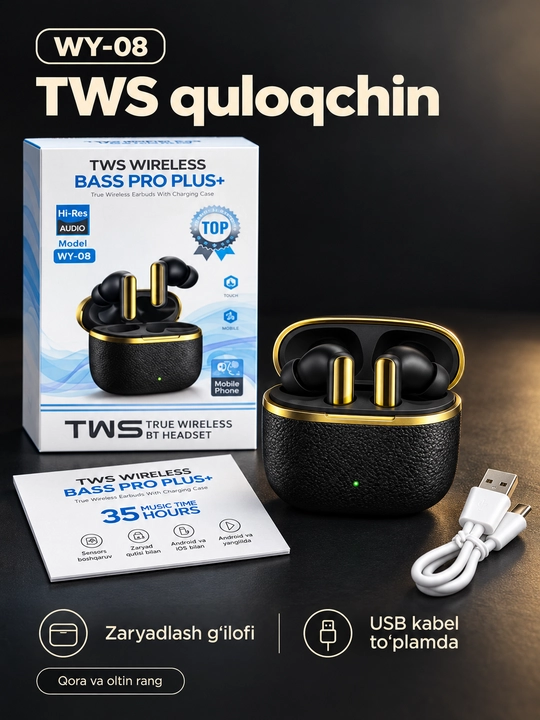 TWS simsiz quloqchin WY-08, Bluetooth, zaryad qutisi bilan, Android va iOS uchun