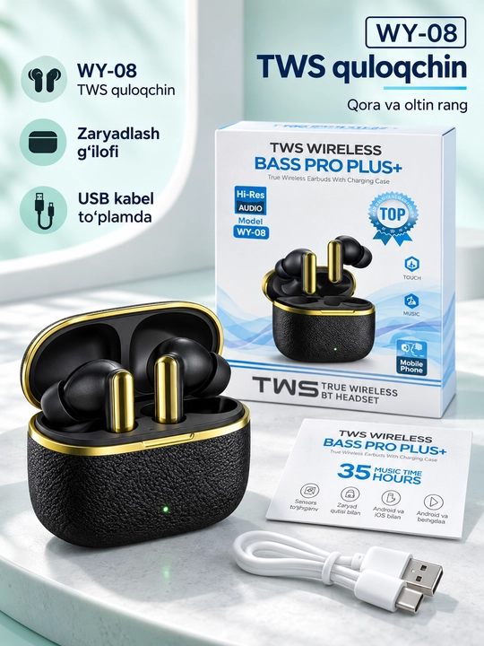 TWS simsiz quloqchin WY-08, Bluetooth, zaryad qutisi bilan, Android va iOS uchun
